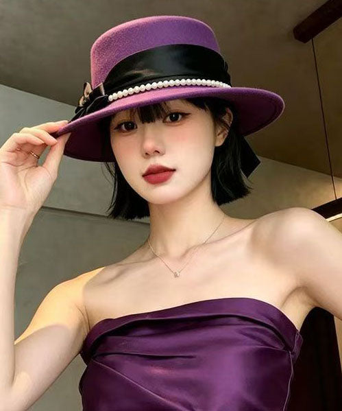 Modern Purple Bow Patchwork Pearl Cashmere Cloche Hat