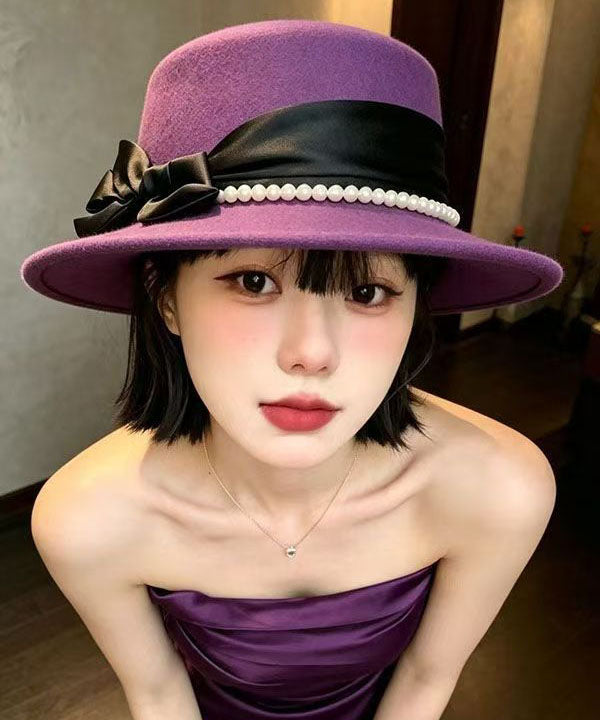 Modern Purple Bow Patchwork Pearl Cashmere Cloche Hat