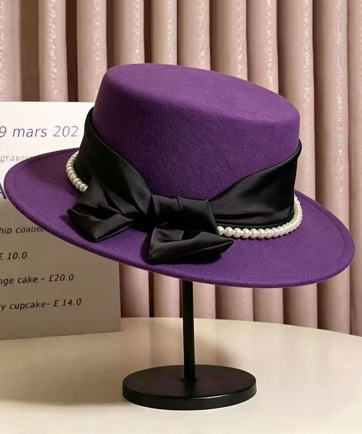 Modern Purple Bow Patchwork Pearl Cashmere Cloche Hat