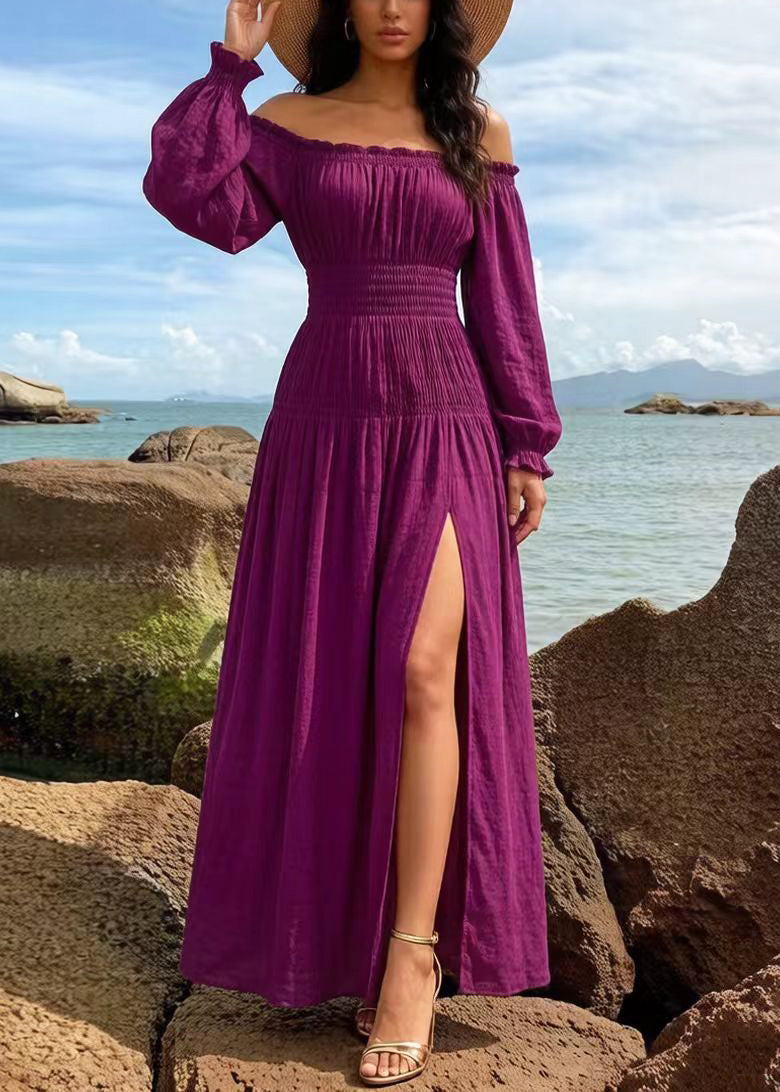 Modern Purple Cold Shoulder Side Open Cotton Vacation Dress Spring