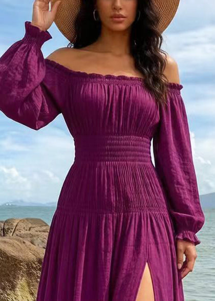 Modern Purple Cold Shoulder Side Open Cotton Vacation Dress Spring