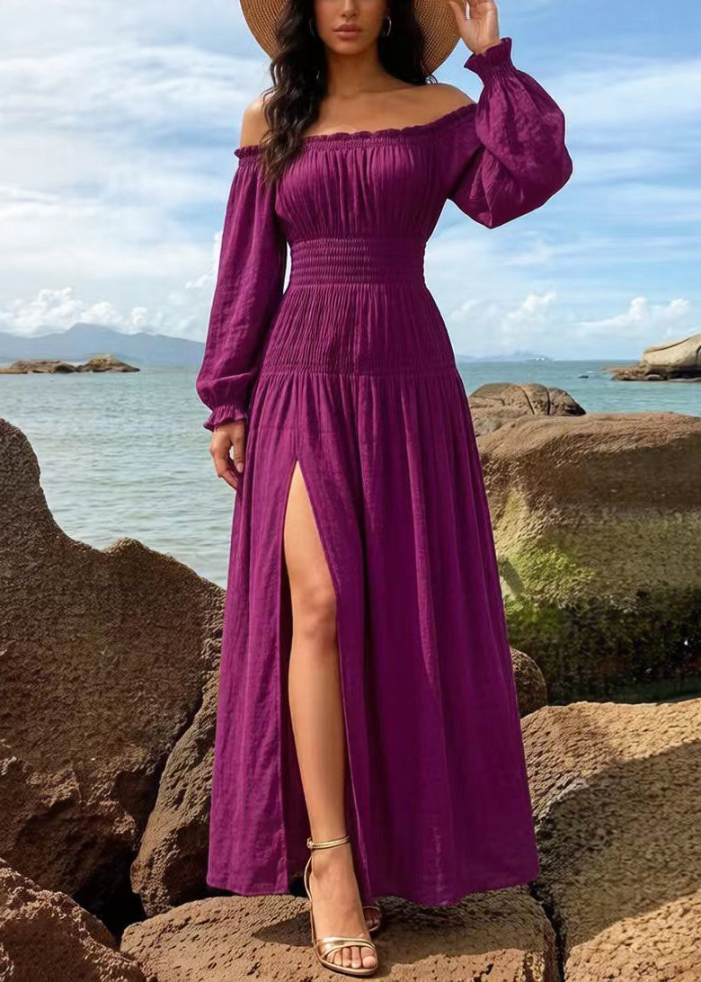 Modern Purple Cold Shoulder Side Open Cotton Vacation Dress Spring