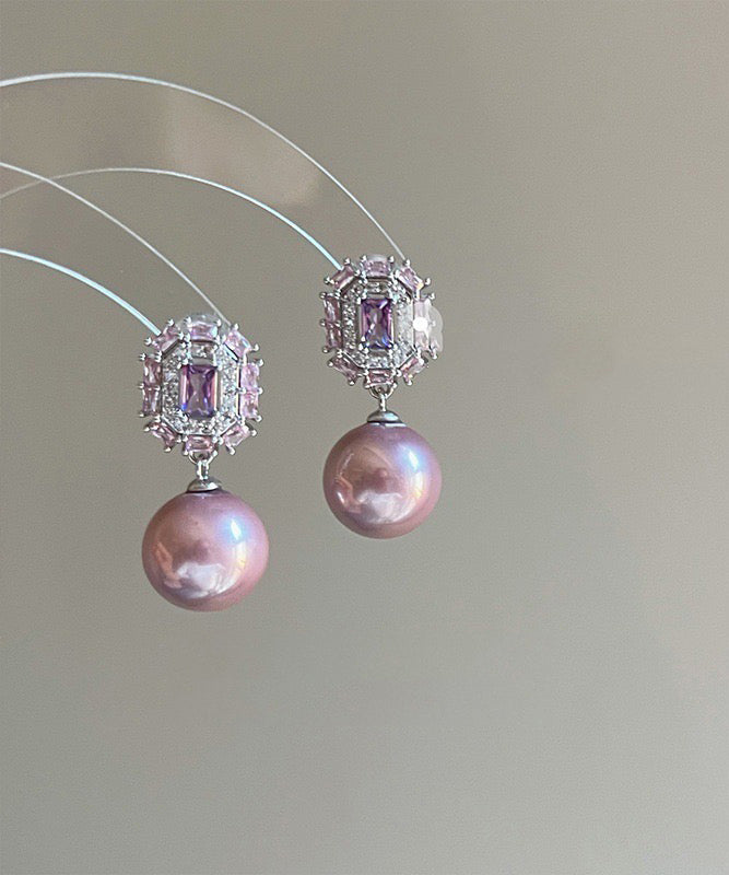 Modern Purple Copper Zircon Crystal Pearl Drop Earrings