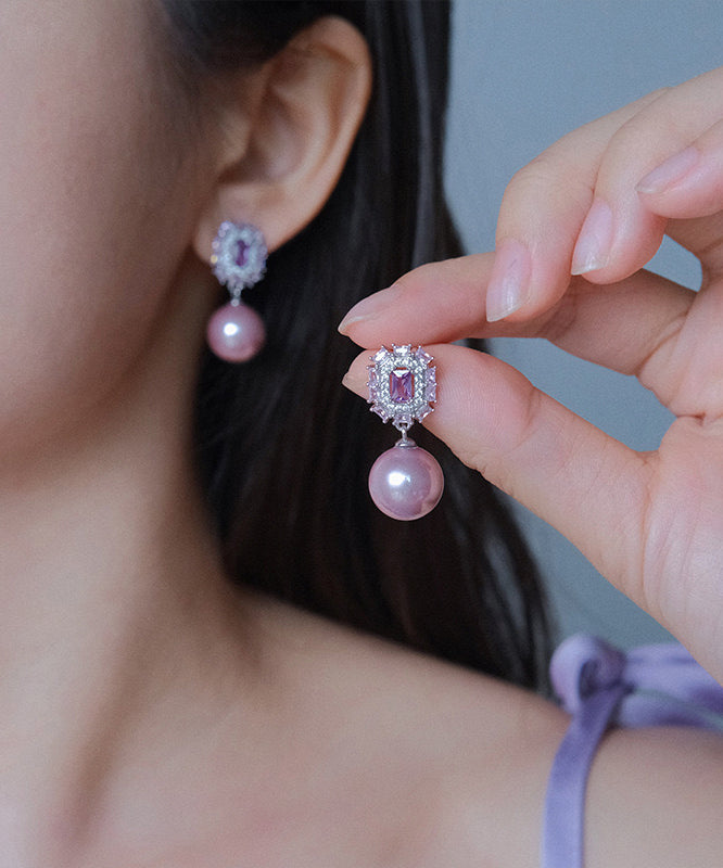 Modern Purple Copper Zircon Crystal Pearl Drop Earrings