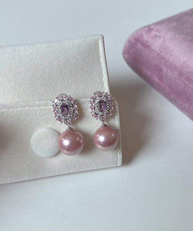 Modern Purple Copper Zircon Crystal Pearl Drop Earrings