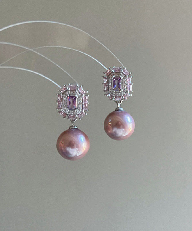 Modern Purple Copper Zircon Crystal Pearl Drop Earrings