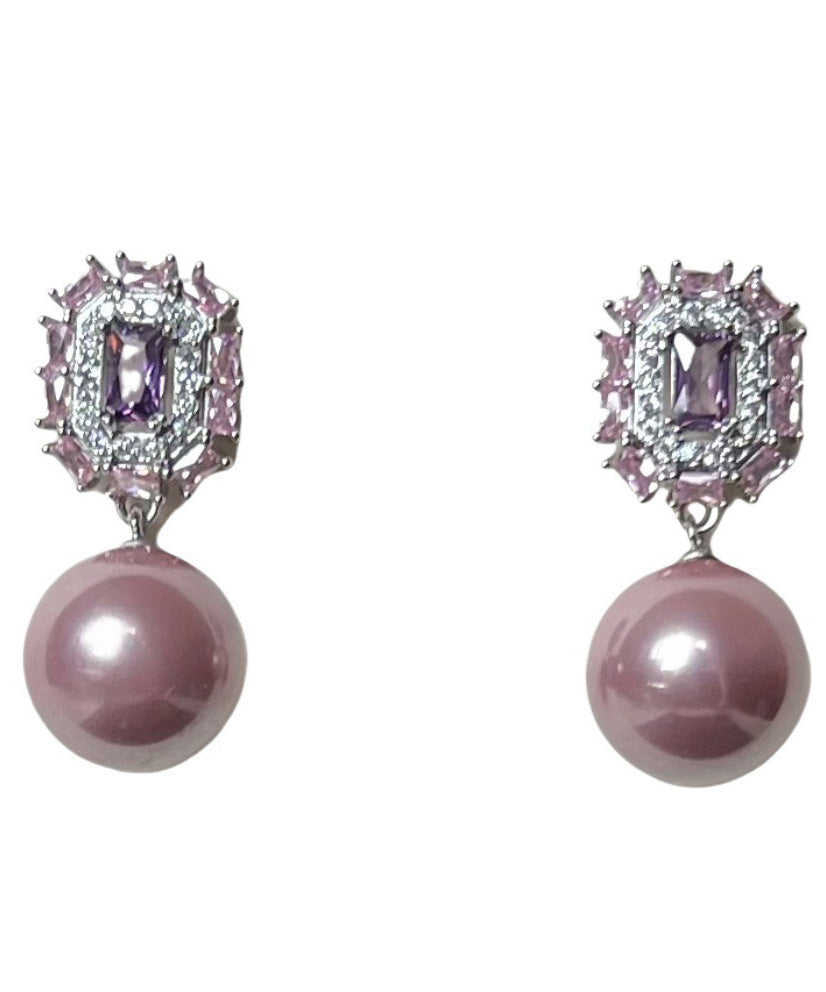 Modern Purple Copper Zircon Crystal Pearl Drop Earrings