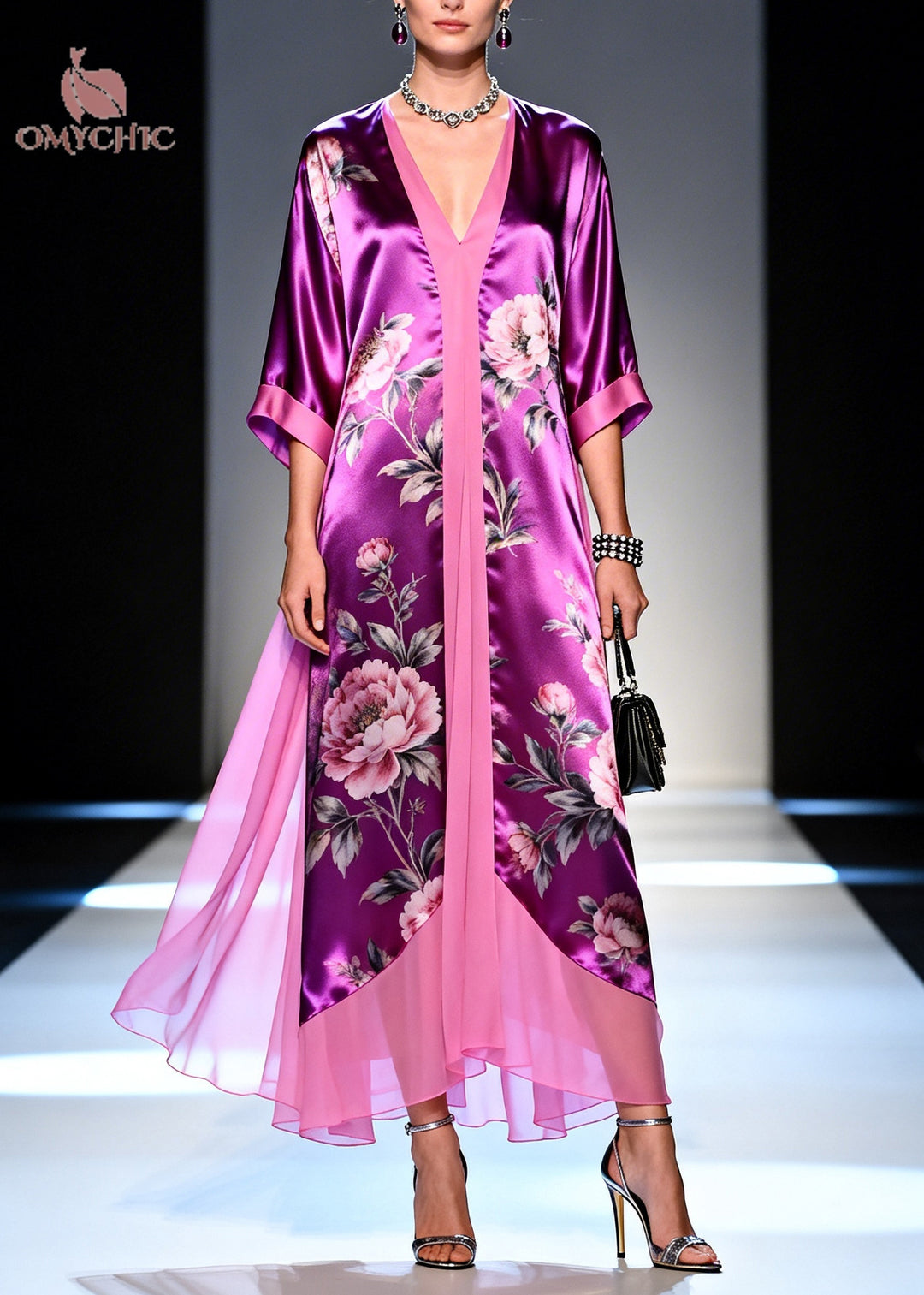 Modern Purple Flower Print Patchwork Silk Long Dress Summer