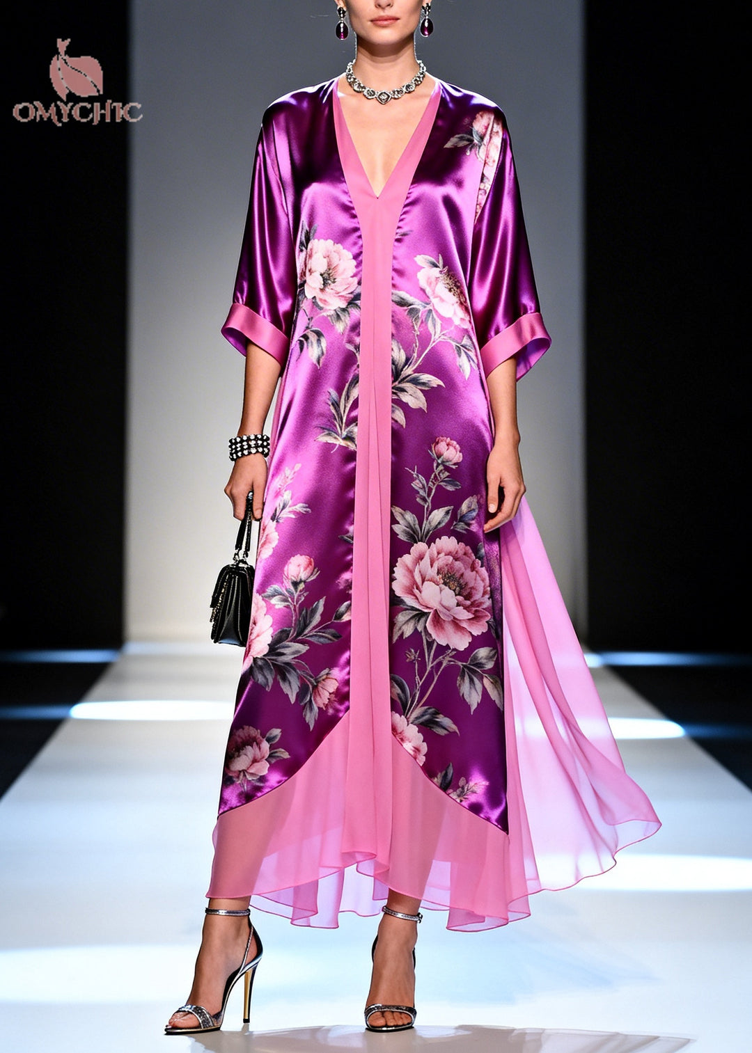 Modern Purple Flower Print Patchwork Silk Long Dress Summer