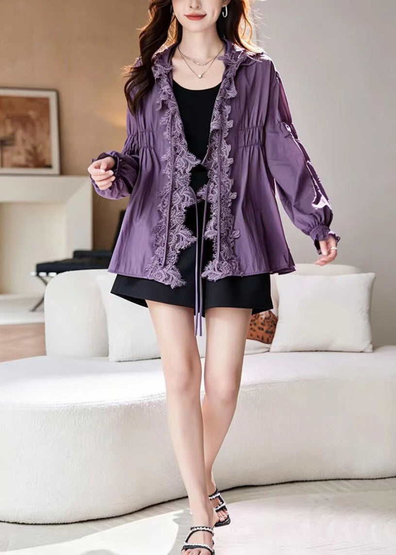 Modern Purple Hooded Lace Patchwork UPF 50+ Coat Jacket Long sleeve