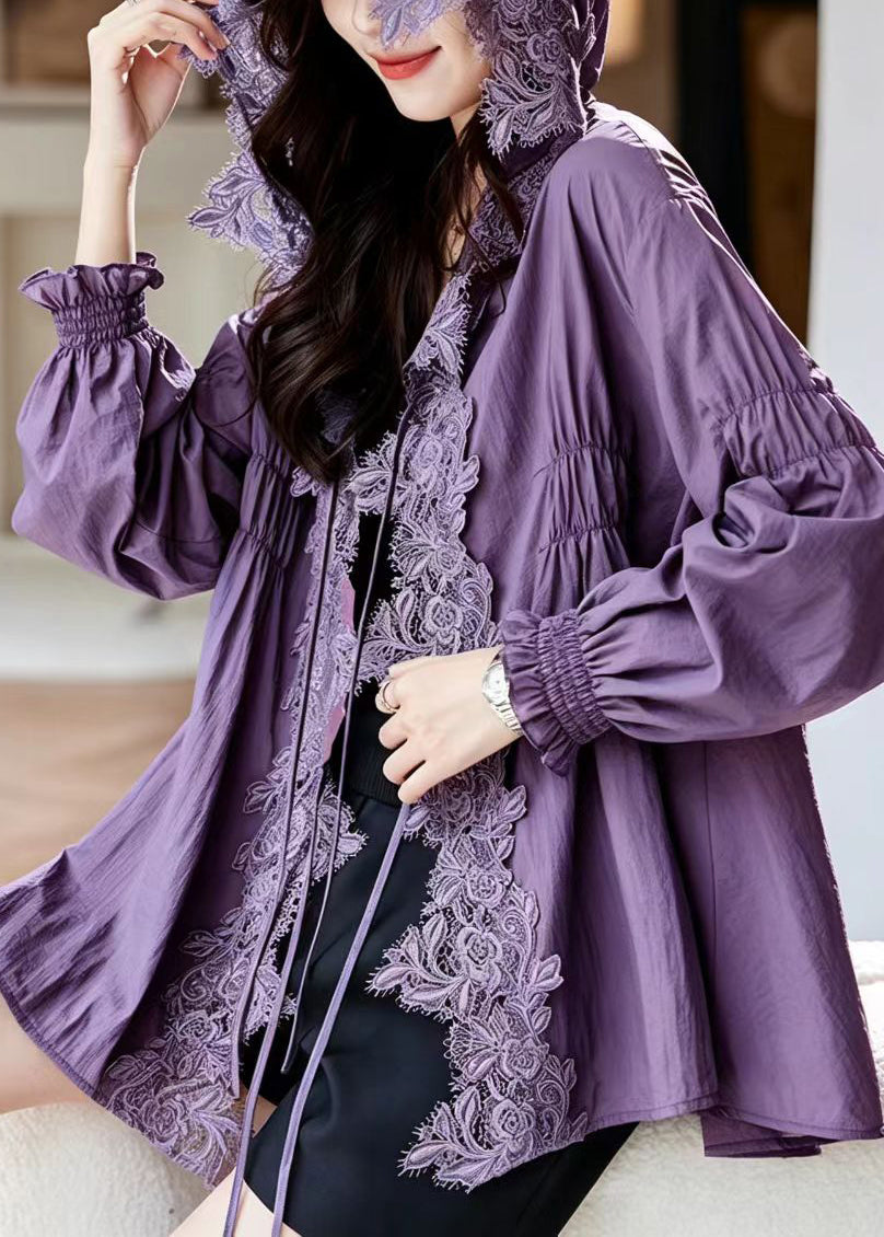 Modern Purple Hooded Lace Patchwork UPF 50+ Coat Jacket Long sleeve