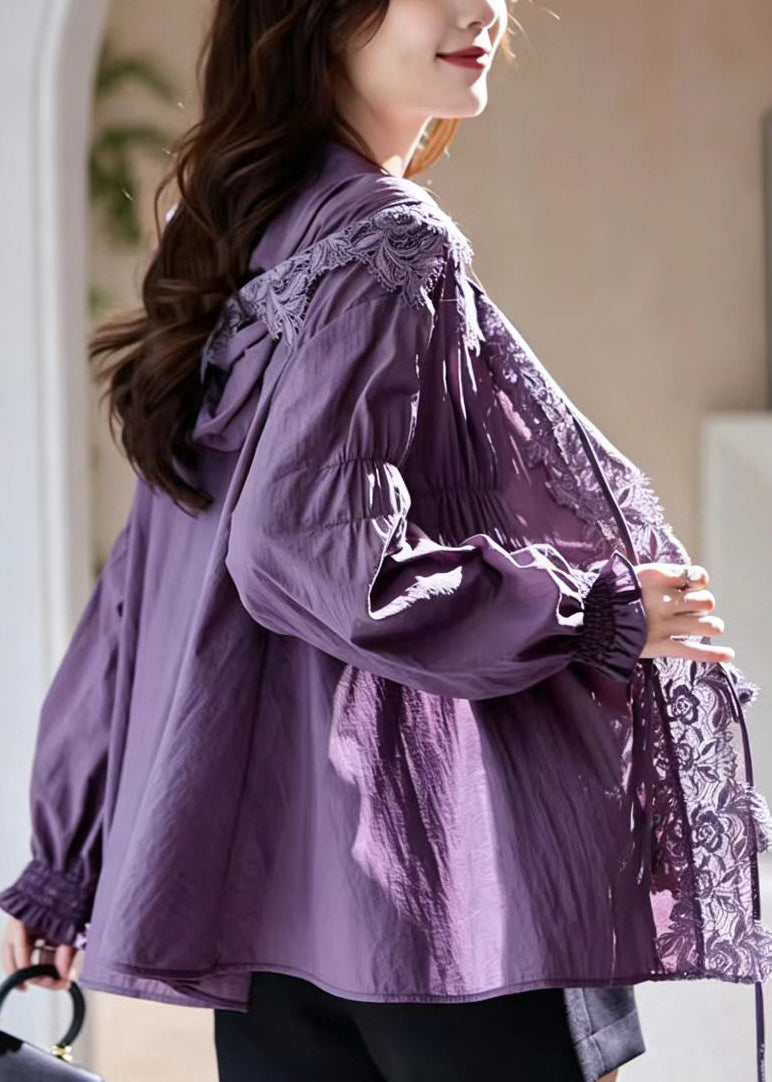 Modern Purple Hooded Lace Patchwork UPF 50+ Coat Jacket Long sleeve