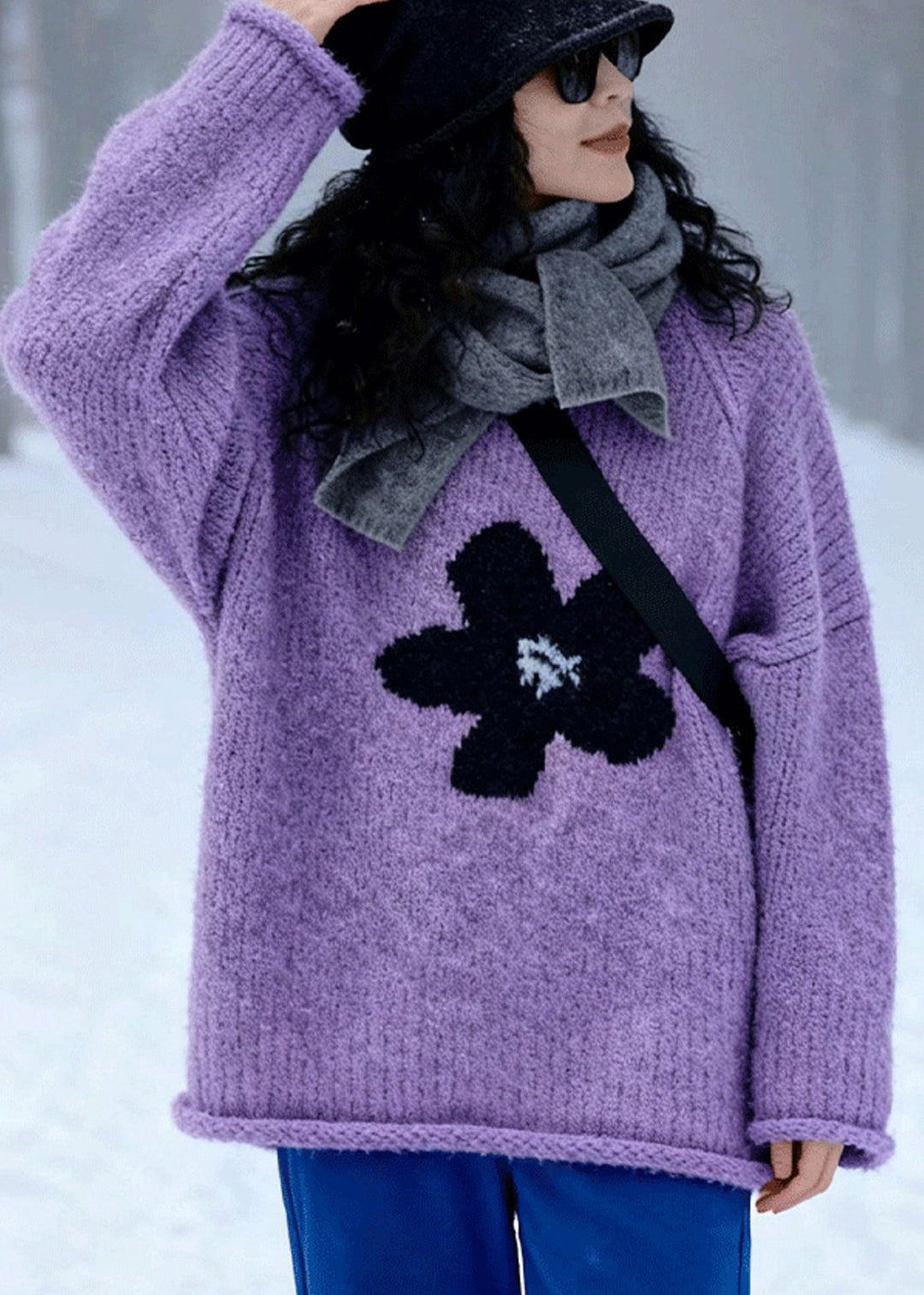 Modern Purple O Neck Jacquard Sweater Tops Winter