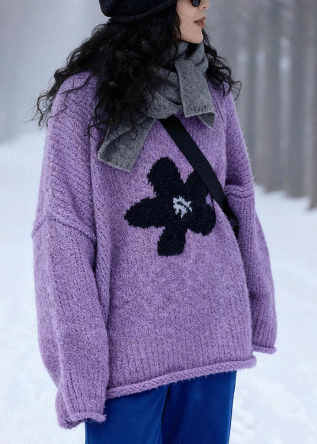 Modern Purple O Neck Jacquard Sweater Tops Winter