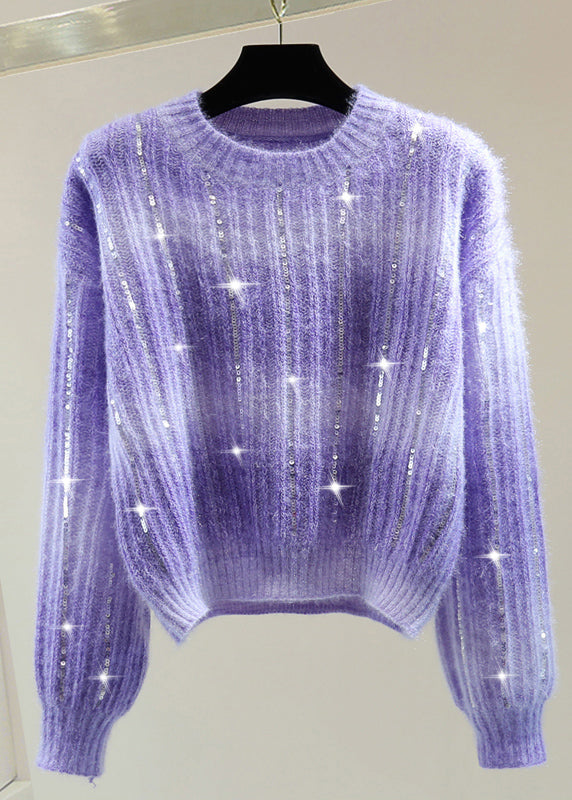 Modern Purple O-Neck Sequins Cotton Knit Sweater