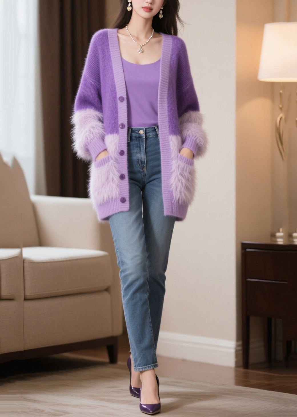 Modern Purple Oversized Patchwork Faux Fur Knit Cardigan Winter