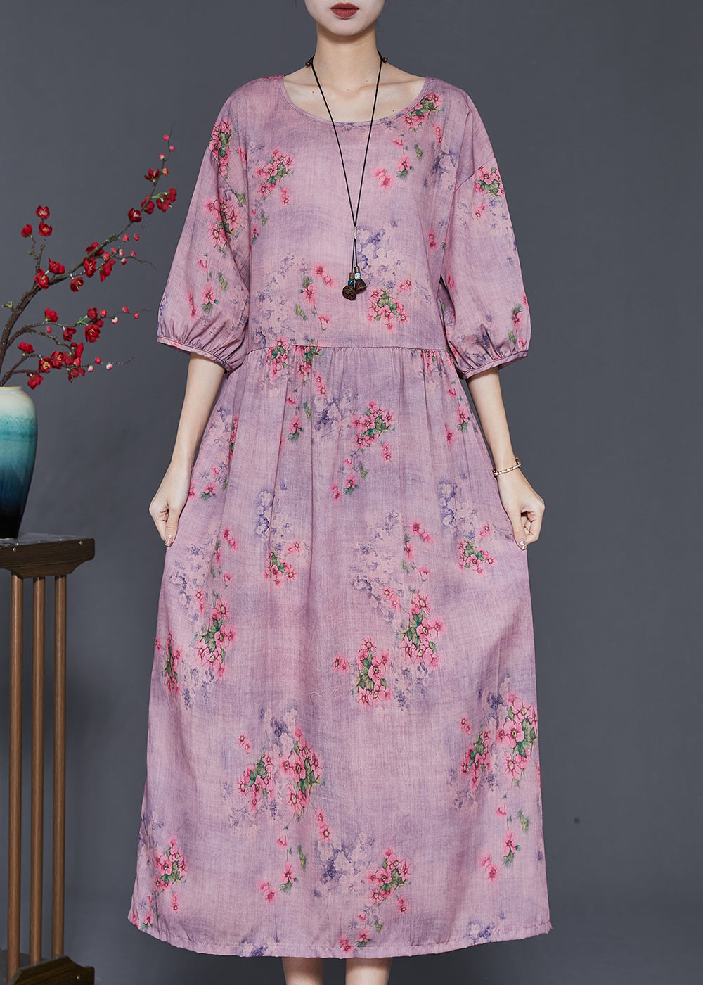 Modern Purple Oversized Print Linen Dress Summer