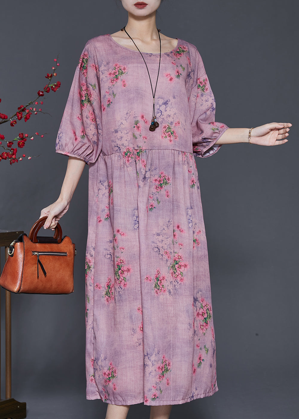Modern Purple Oversized Print Linen Dress Summer