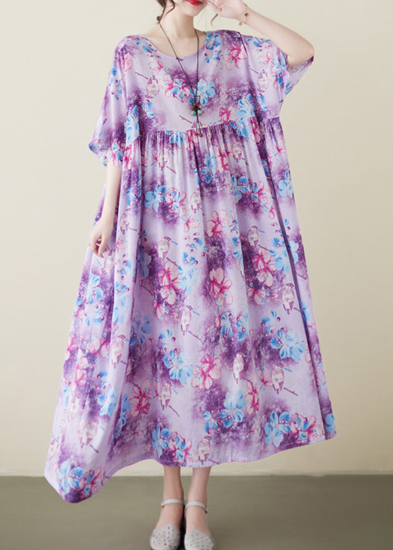 Modern Purple Print Patchwork Maxi Dresses Short Sleeve