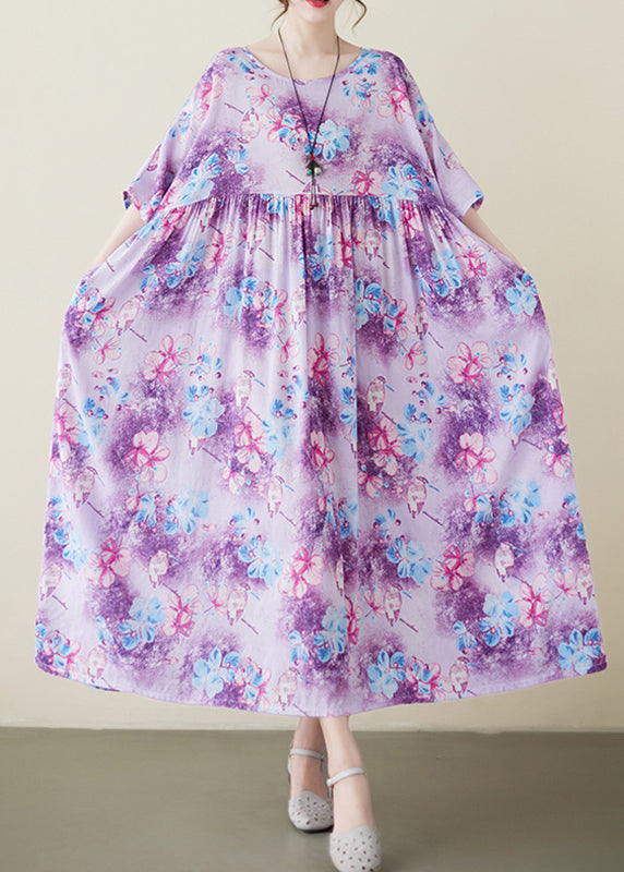 Modern Purple Print Patchwork Maxi Dresses Short Sleeve