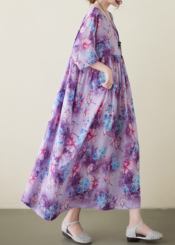 Modern Purple Print Patchwork Maxi Dresses Short Sleeve