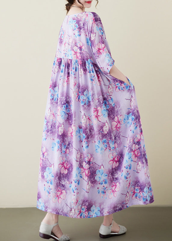 Modern Purple Print Patchwork Maxi Dresses Short Sleeve