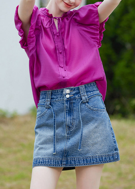 Modern Purple Ruffled Cotton Blouses Puff Sleeve