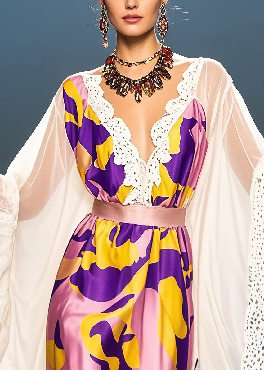 Modern Purple Ruffled Patchwork Silk Robe Dresses Summer