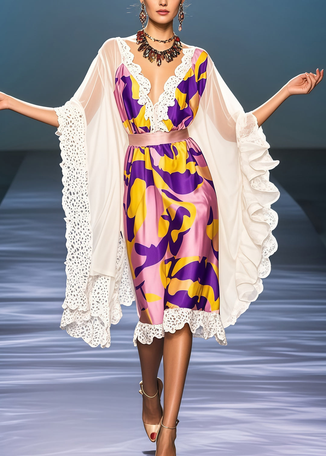 Modern Purple Ruffled Patchwork Silk Robe Dresses Summer
