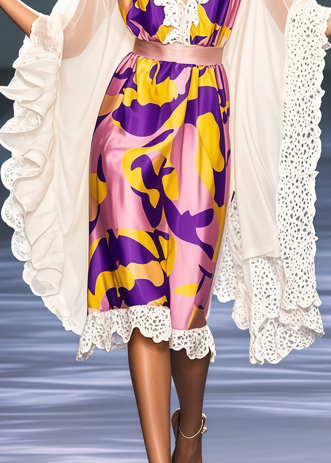 Modern Purple Ruffled Patchwork Silk Robe Dresses Summer
