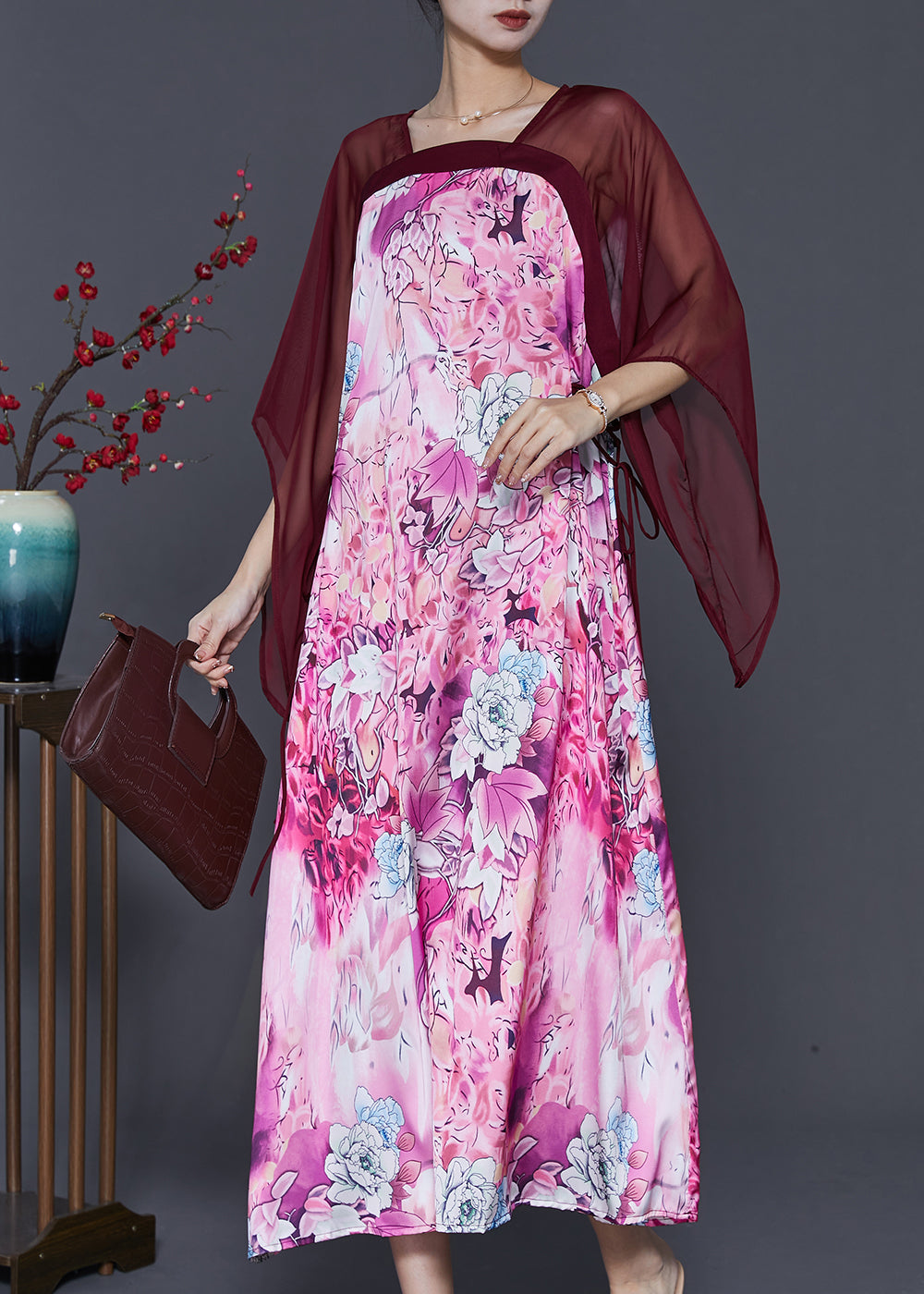 Modern Purple Square Collar Patchwork Print Chiffon Dresses Summer