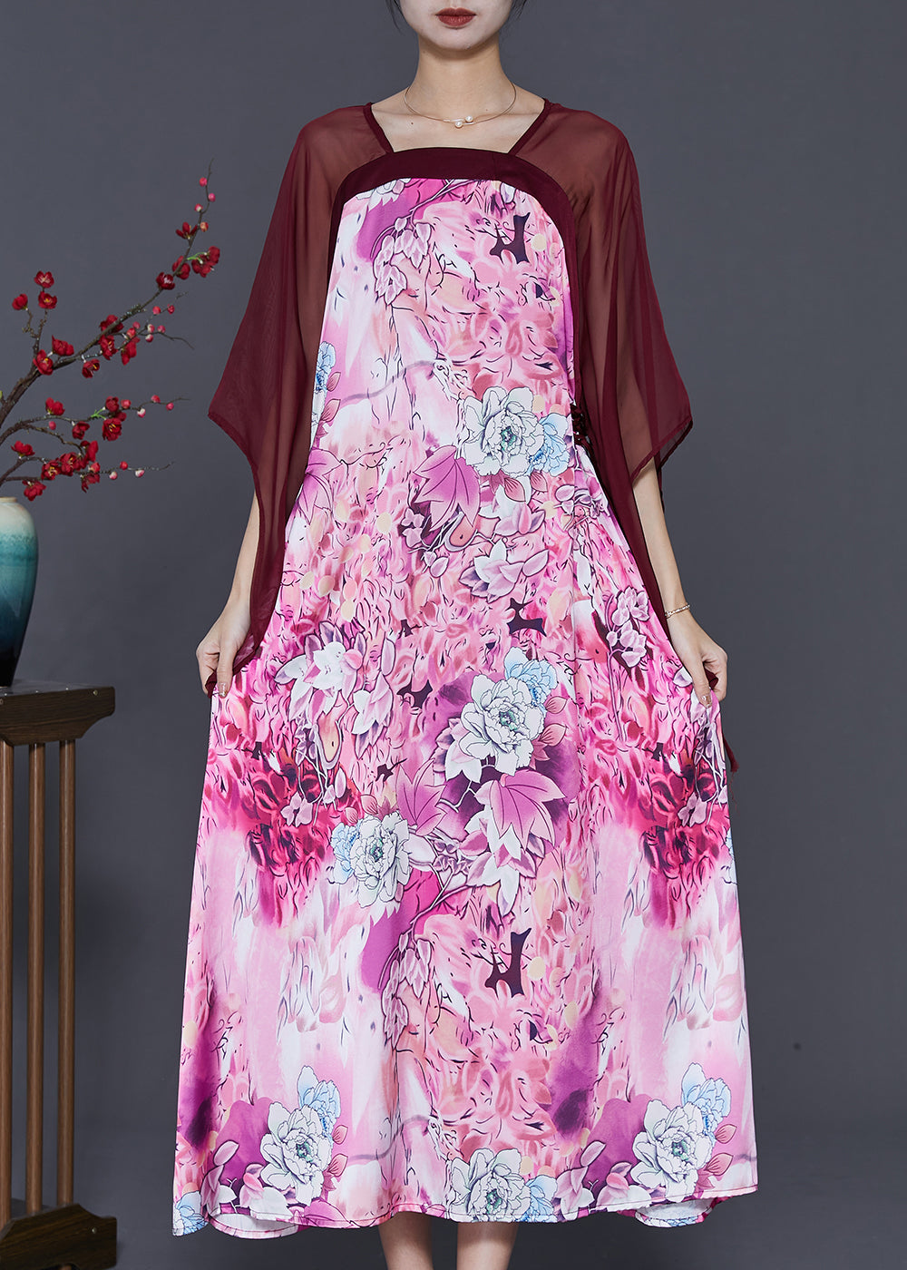Modern Purple Square Collar Patchwork Print Chiffon Dresses Summer
