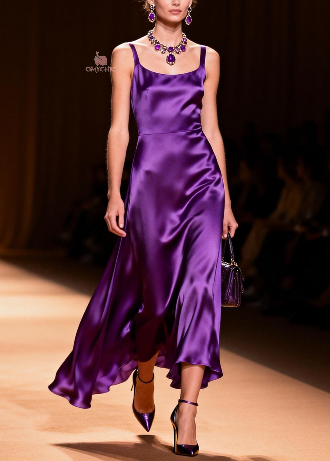 Modern Purple Square Collar Silk Spaghetti Strap Dress Summer