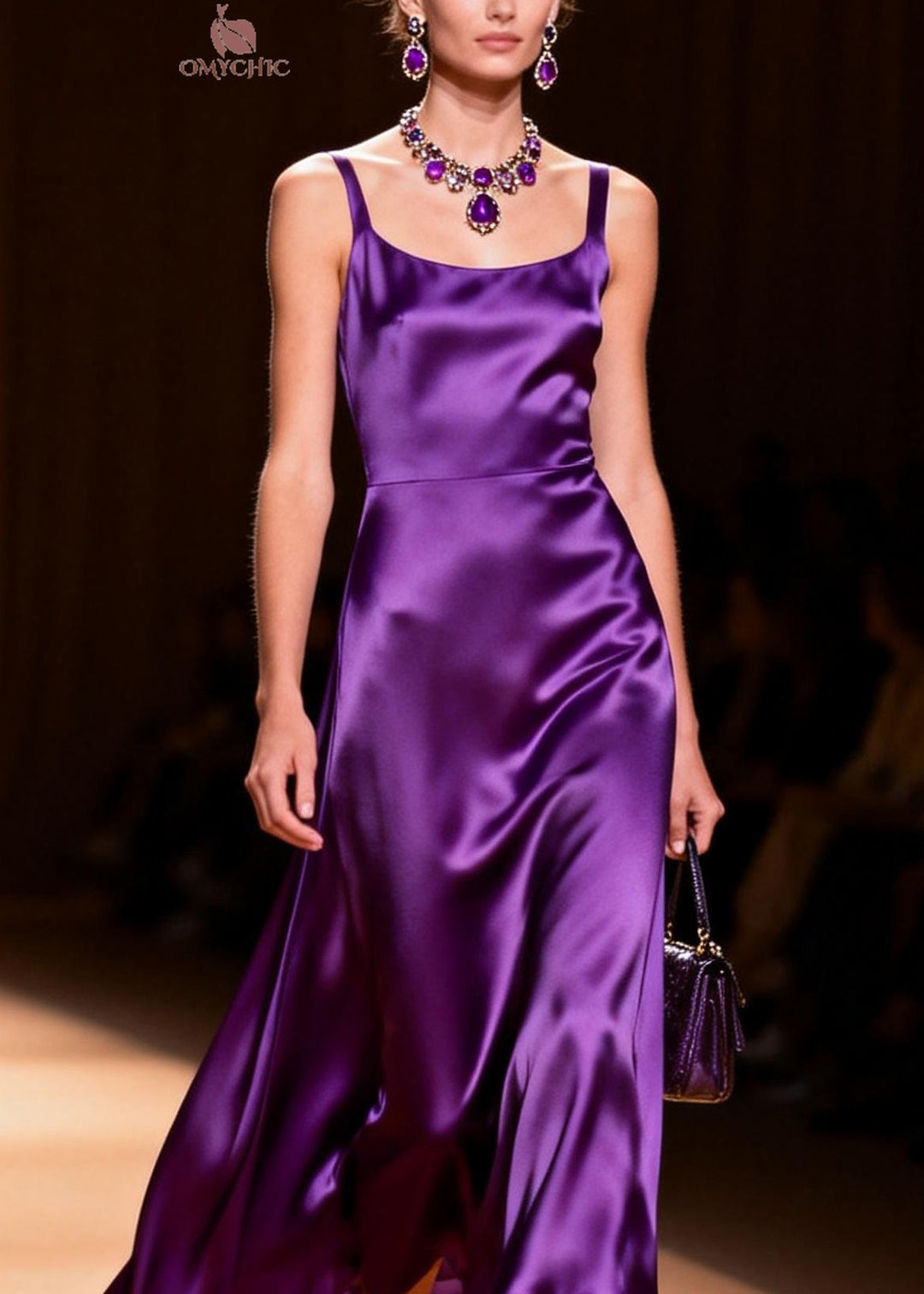 Modern Purple Square Collar Silk Spaghetti Strap Dress Summer