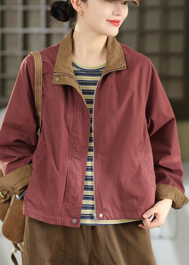 Modern Purple Stand Collar Drawstring Cotton Coats Fall
