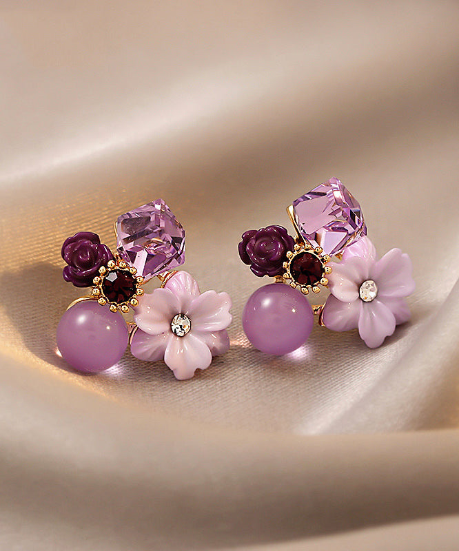 Modern Purple Stergild Silver Overgild Crystal Petal Stud Earrings