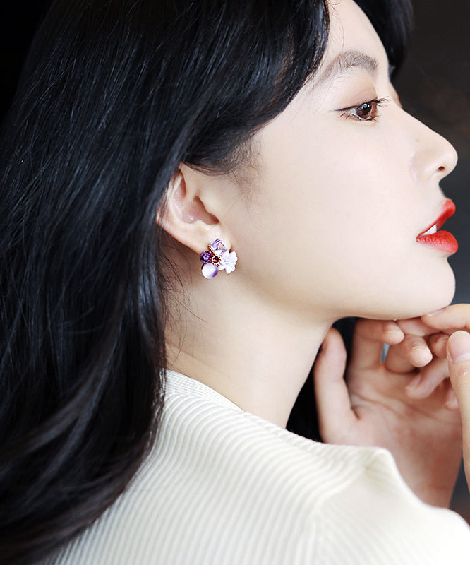 Modern Purple Stergild Silver Overgild Crystal Petal Stud Earrings