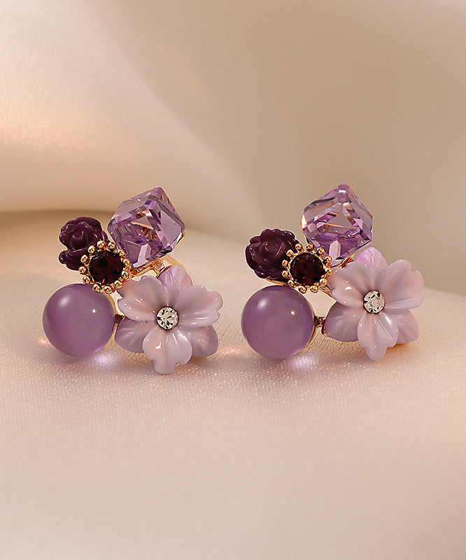 Modern Purple Stergild Silver Overgild Crystal Petal Stud Earrings