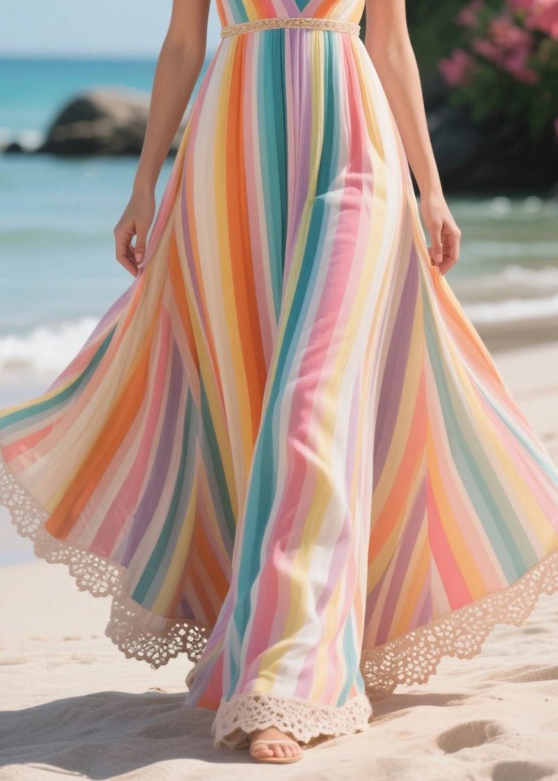 Modern Rainbow Patchwork Exra Large Hem Chiffon Vacation Dress Summer