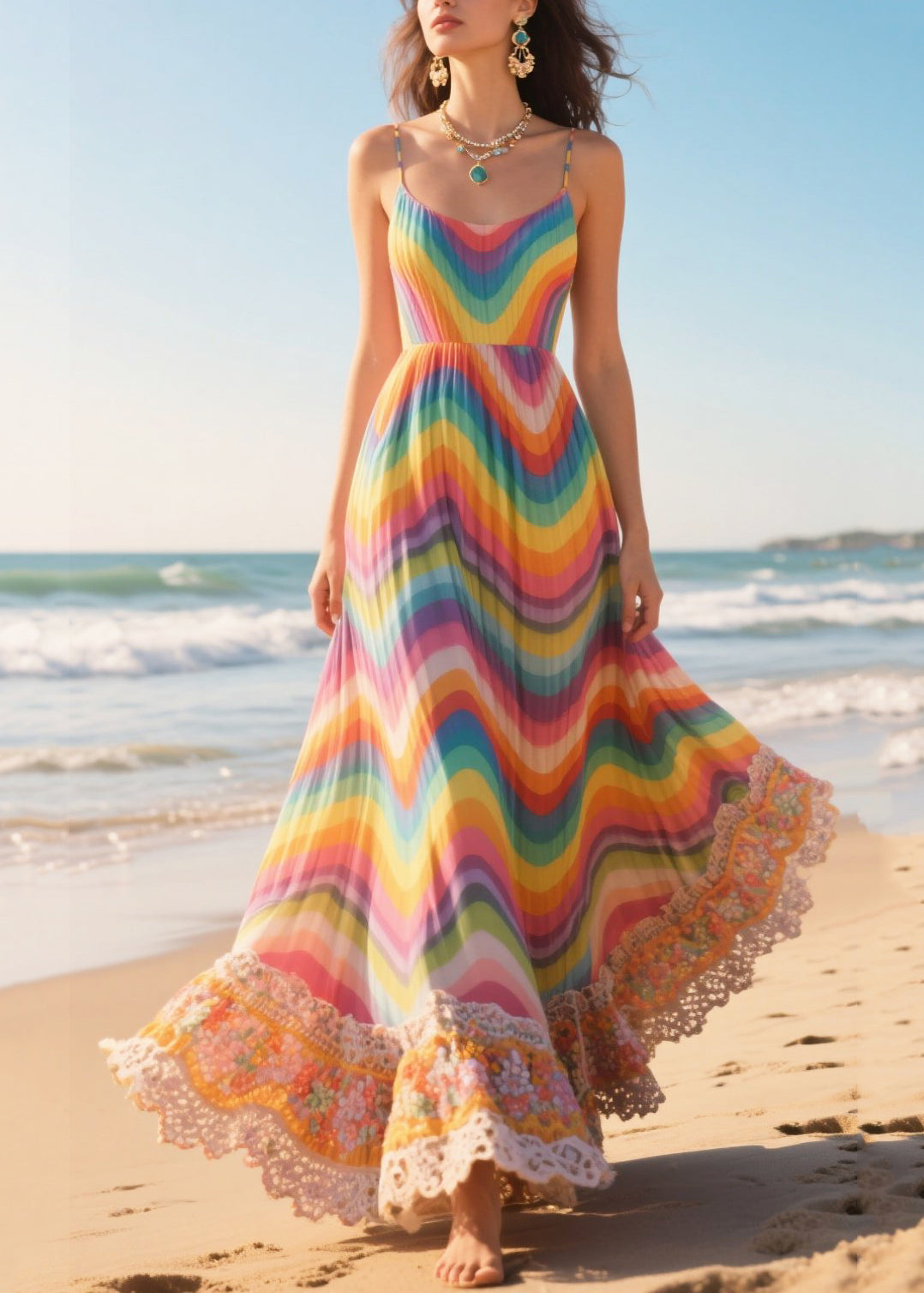Modern Rainbow Striped Patchwork Exra Large Hem Chiffon Cami Dresses Summer