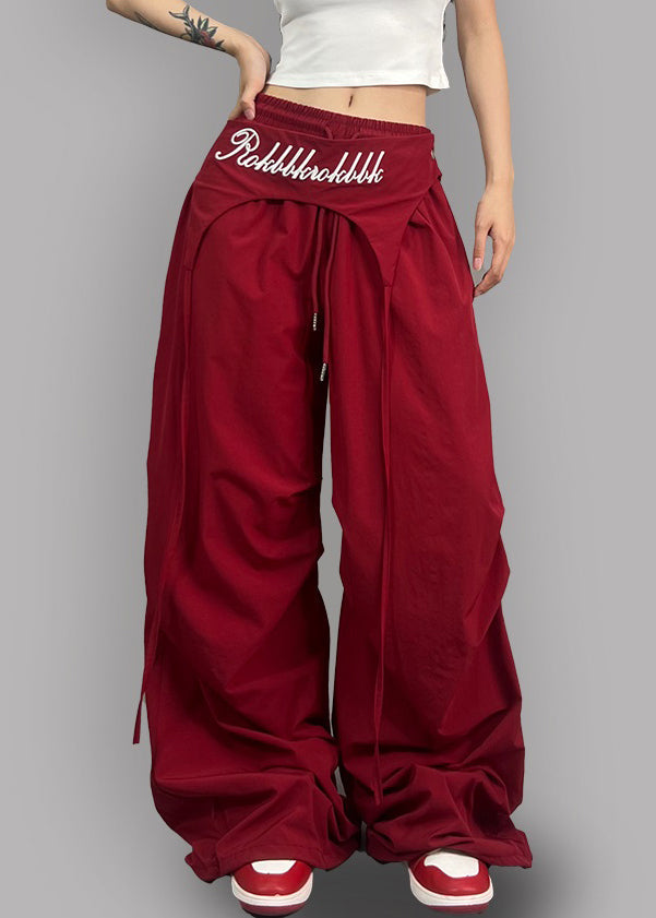 Modern Red Asymmetrical Elastic Waist Cotton Pants Fall