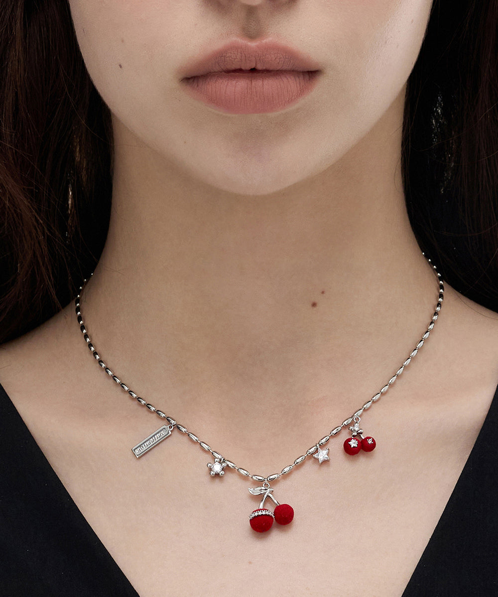 Modern Red Copper Overgild Zircon Velvet Cherry Pendant Necklace