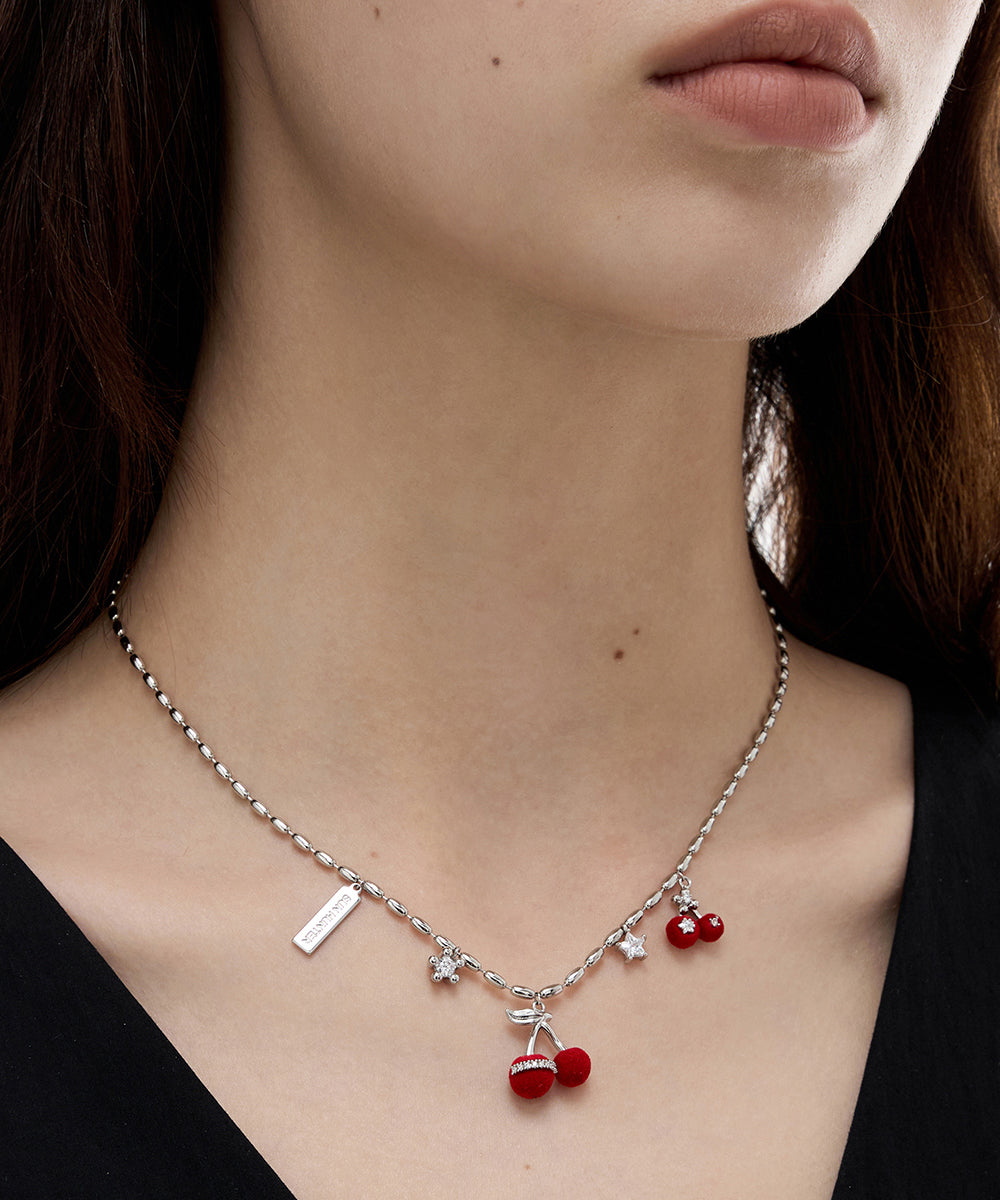 Modern Red Copper Overgild Zircon Velvet Cherry Pendant Necklace