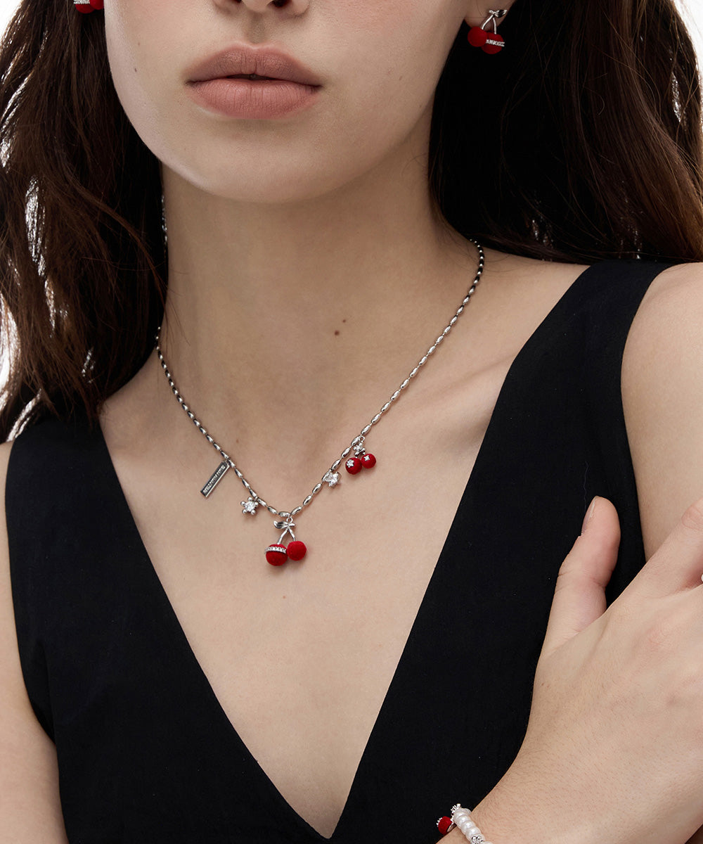 Modern Red Copper Overgild Zircon Velvet Cherry Pendant Necklace