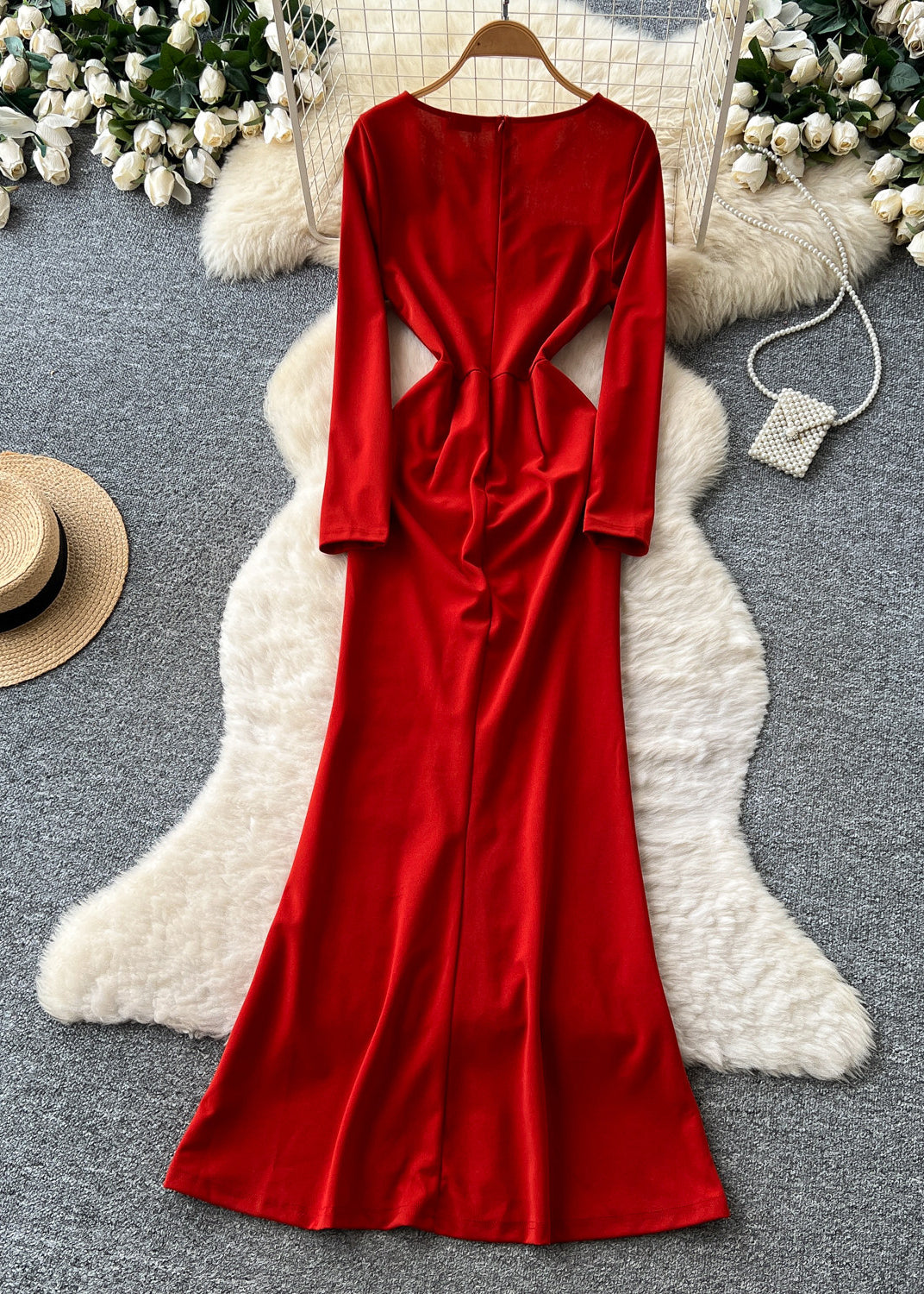 Modern Red Pearl Patchwork Side Open Party Dress Fall