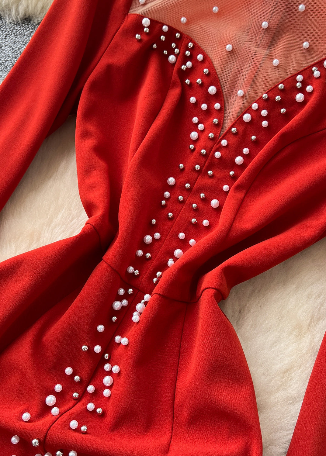 Modern Red Pearl Patchwork Side Open Party Dress Fall