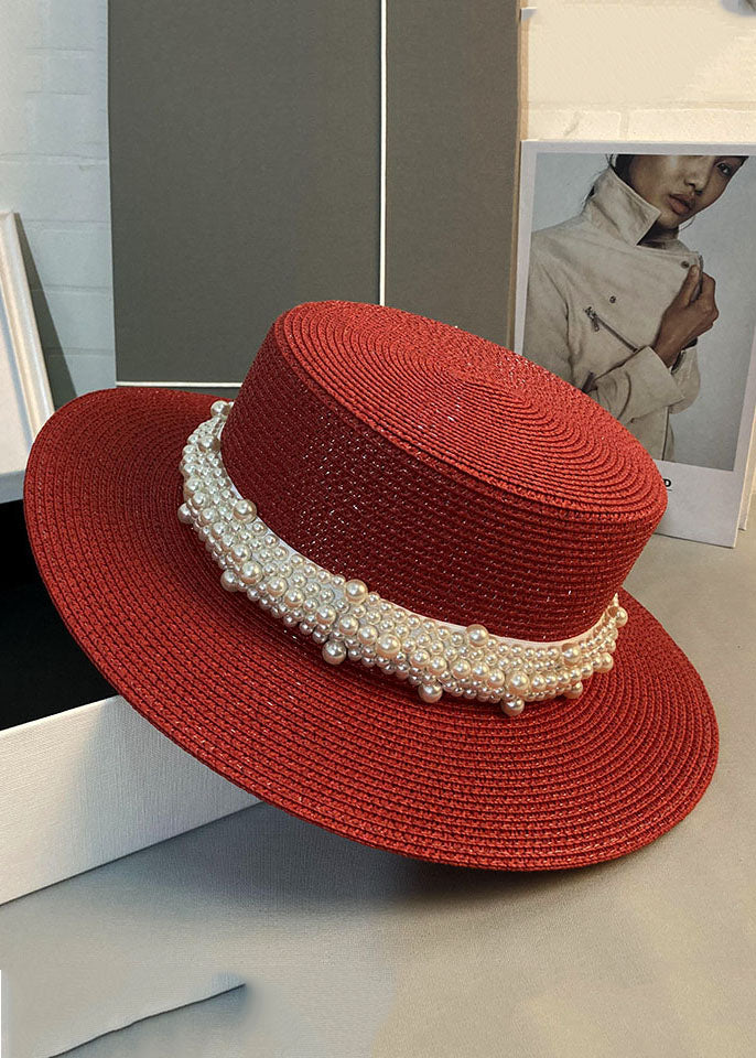 Modern Red Pearl Straw Woven Cloche Hat