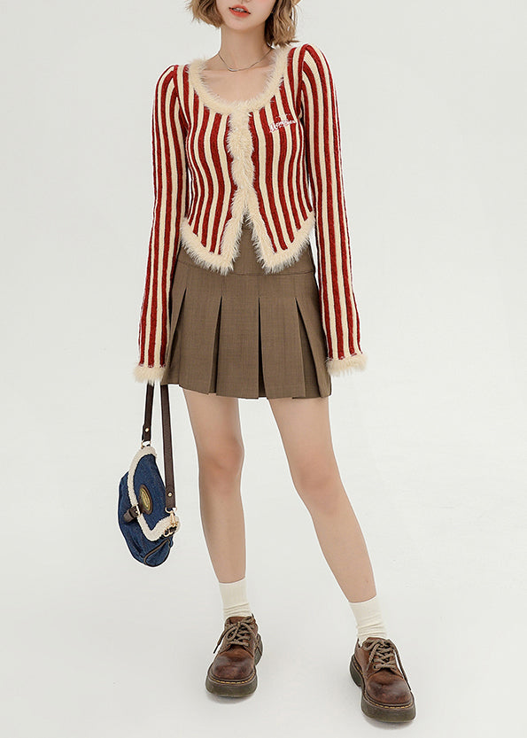 Modern Red Striped Patchwork Faux Fur Knit Coat Winter