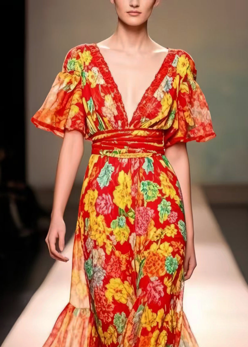 Modern Red V Neck Print Chiffon Party Dress Summer