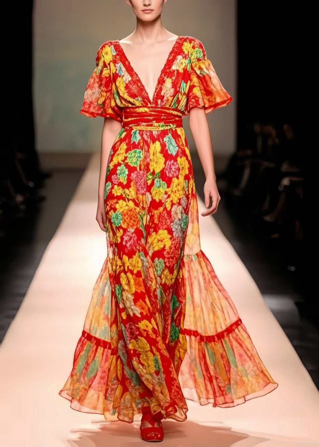 Modern Red V Neck Print Chiffon Party Dress Summer